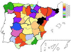 mapa gráfico con la descripción de los diferentes tiempos en tren en España