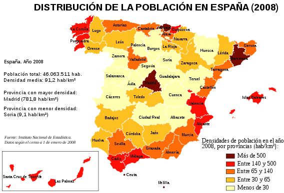 Mapa con los datos de densidad de población de España