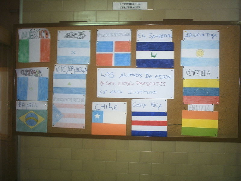 Panel de un Instituto con banderas y nombres de diferentes países