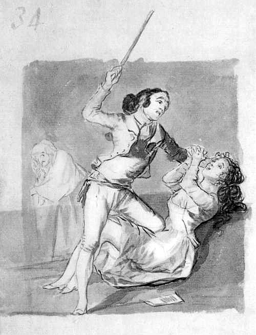 Goya - «Mujer maltratada con un bastón», Álbum de Madrid. Dibujo a la aguada y tinta china sobre papel.
