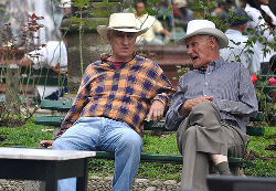 Conversación de dos hombres en un parque