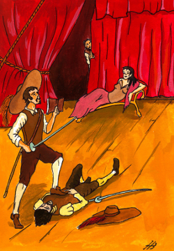 Dibujo de una representación de "El Buscón"