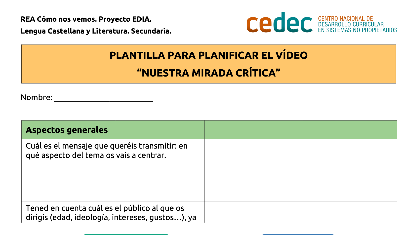 Plantilla para planificar el vídeo