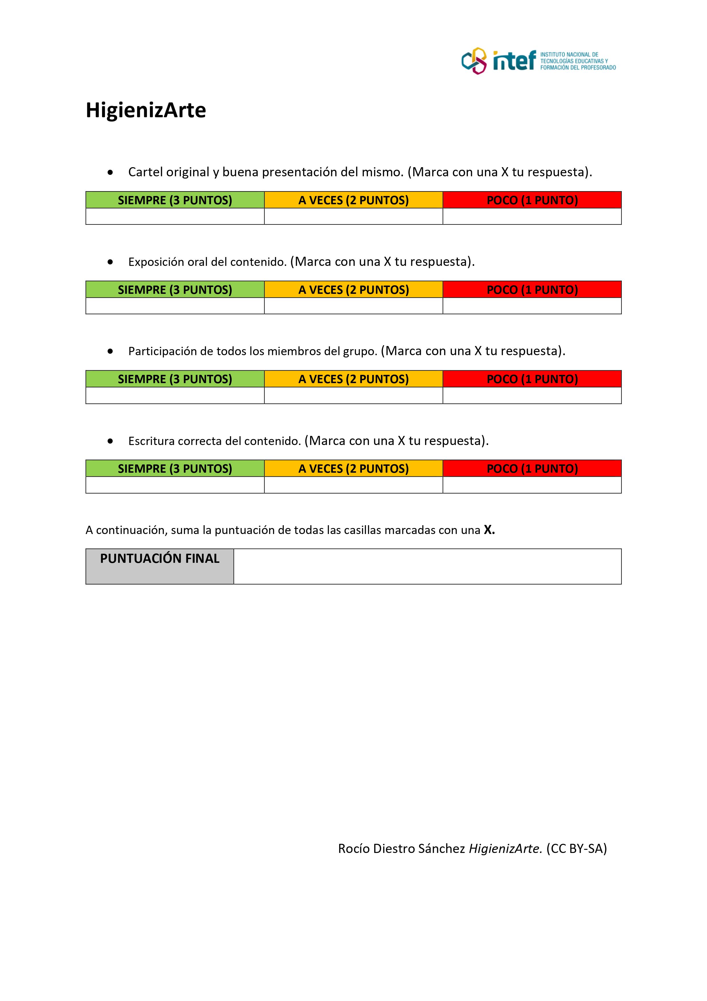 HigienizArte Rúbrica Rúbrica de coevaluación