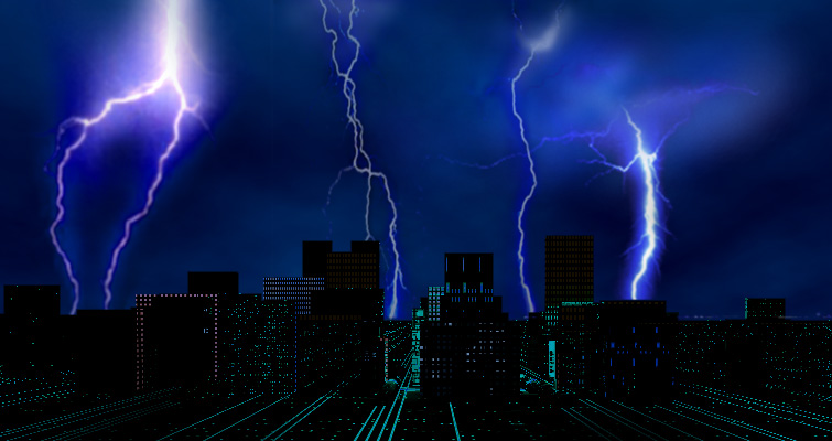 Noche de tormenta en una ciudad Relámpagos sobre una ciudad