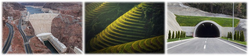 Tres imágenes. Presa Hoover, plantación de arroz en una ladera en Vietnan y un túnel bajo una montaña.