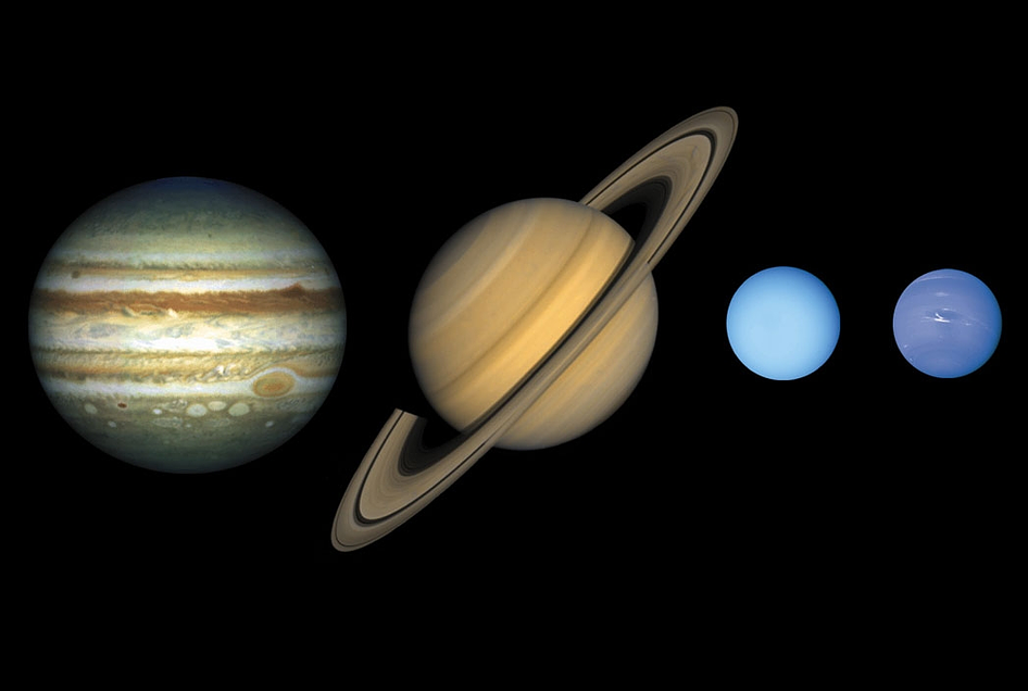 Imagen en la que aparecen los planetas gaseosos: Júpiter, Saturno, Urano y Neptuno.