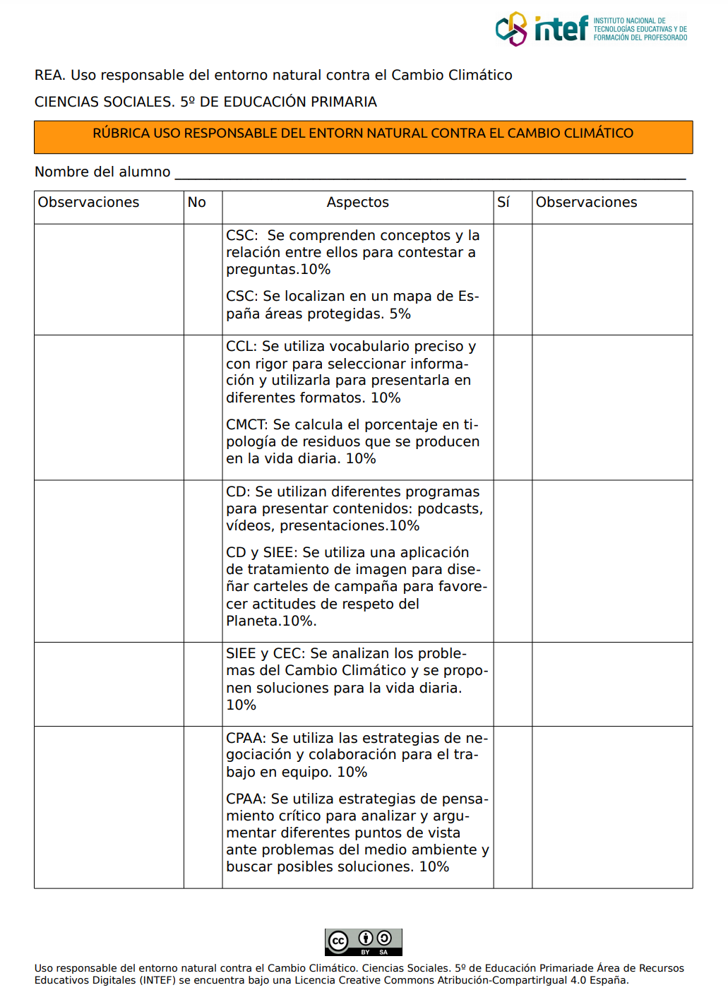 Chek List para ser realizado por el alumno sobre el uso responsable del entorno natural contra el cambio climático