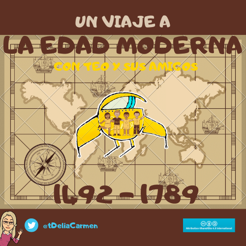 Edad Moderna Mapamundi antiguo con una cápsula de tiempo y un grupo de 4 niños y niñas.