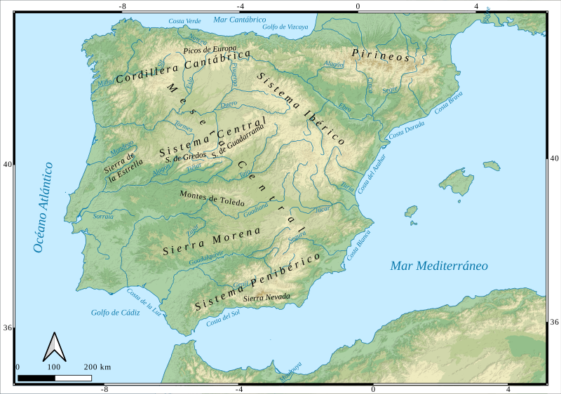 Mapa topográfico de la Península Ibérica