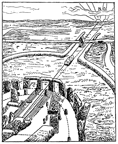 Ilustración del Cromlech de Stonehenge en el alba del día de San Juan 1.700 a.C.