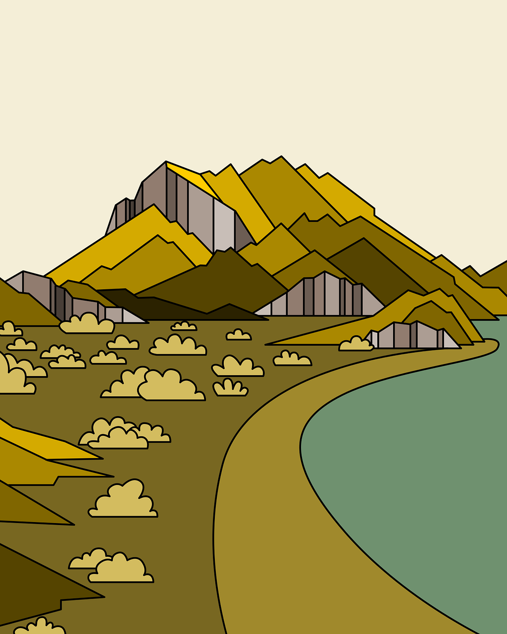 Una ilustración gráfica en la que aparece una superficie recubierta de vegetación a la izquierda, la línea de costa y el mar a la derecha y en el fondo aparecen unas montañas. 
