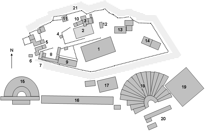 Plano del acrópolis de Atenas numerado del 1 al 27 para su interpretación con ayuda de la leyenda