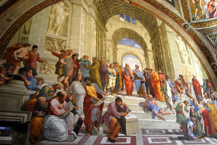 Obra pictórica en el que se represena un espacio arquitectónico diafano en el que aparecen representados más de veinte filósofos entre ellos Aristóteles y Platón.