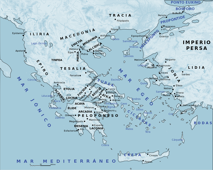 Mapa de la Antigua Grecia, que intenta recoger las regiones y las ciudades más importantes desde la Época Arcaica hasta la época de Alejandro Magno.