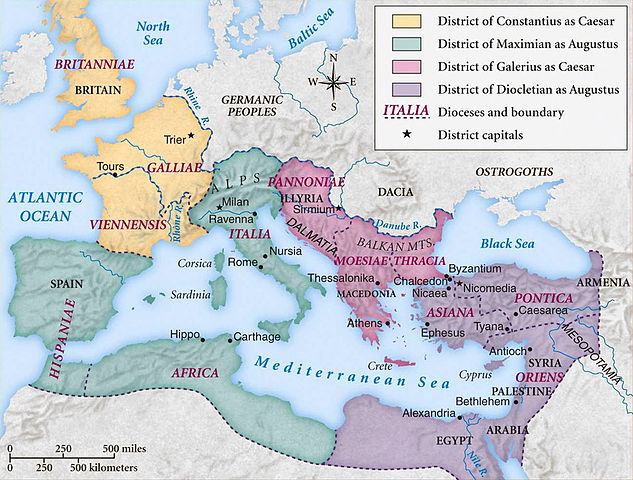 Mapa del Imperio Romano dividido según la Tetraquía
