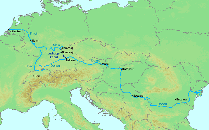 Mapa físico con los ríos Rin y Danubio