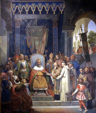 Pintura de Jean-Victor Schnetz donde Alcuino de York y otros clérigos presentan manuscritos a Carlomagno en el Palacio de Aquisgrán, ante su corte.