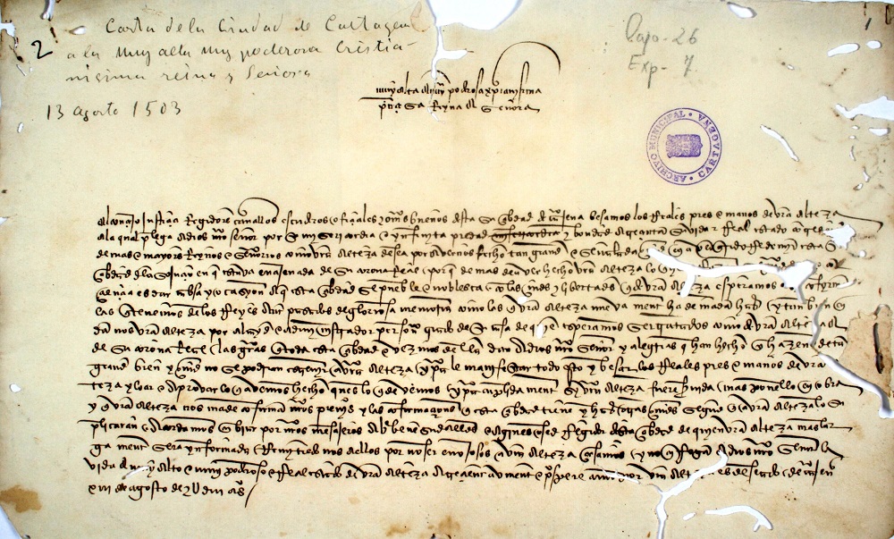 Carta que el Concejo de Cartagena remitió a la reina Isabel en agosto de 1503