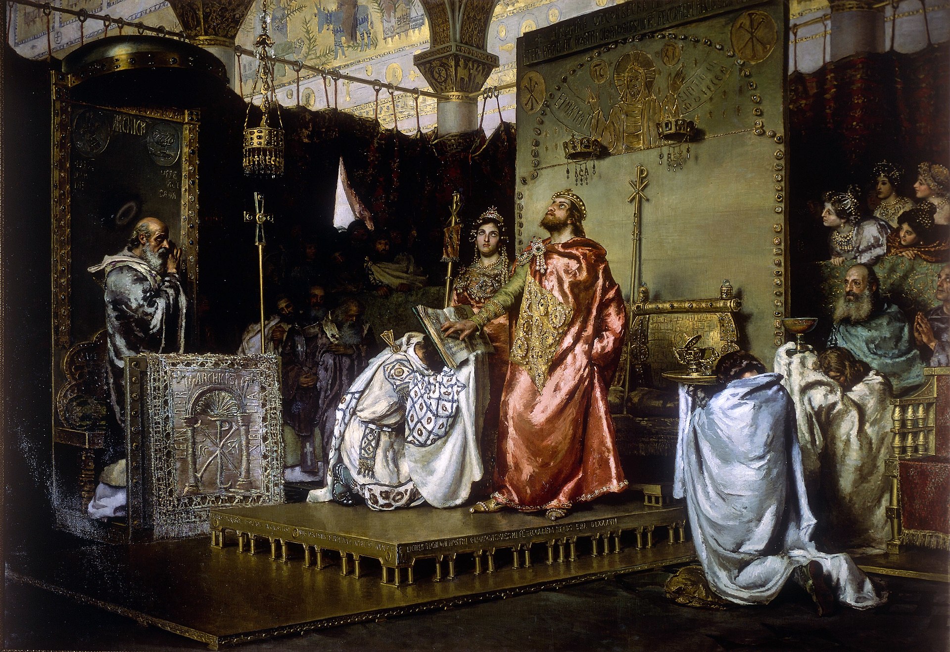 Conversión de Recaredo del arrianismo al catolicismo Pintura que muestra la conversión del rey Recaredo del arrianismo al catolicismo