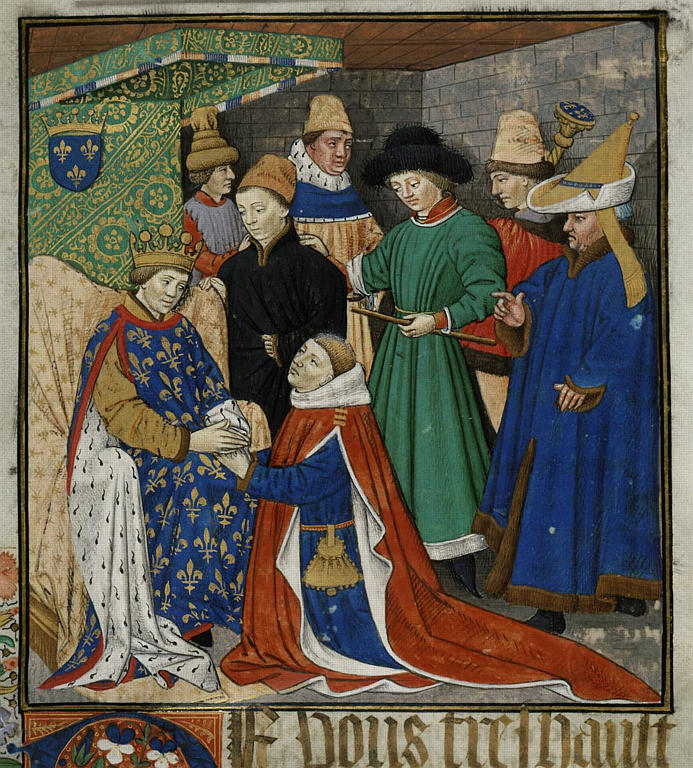Miniatura en manuscrito iluminado de 1469. Homenaje rendido a Renato I de Nápoles por Jean de Sainte Maure y por su hijo Charles.