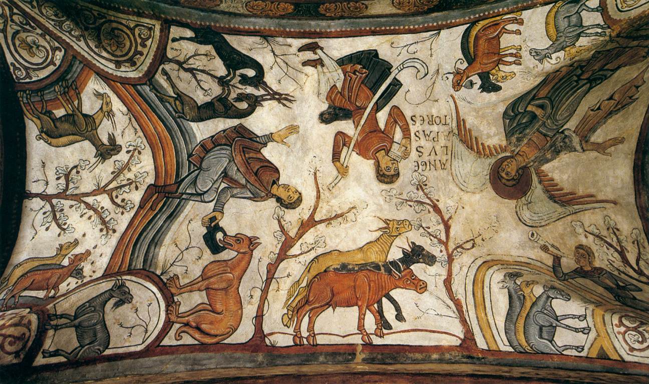 Pintura al fresco de la bóveda de San Isidoro de León que representa el anuncio del nacimiento de Cristo a los pastores.