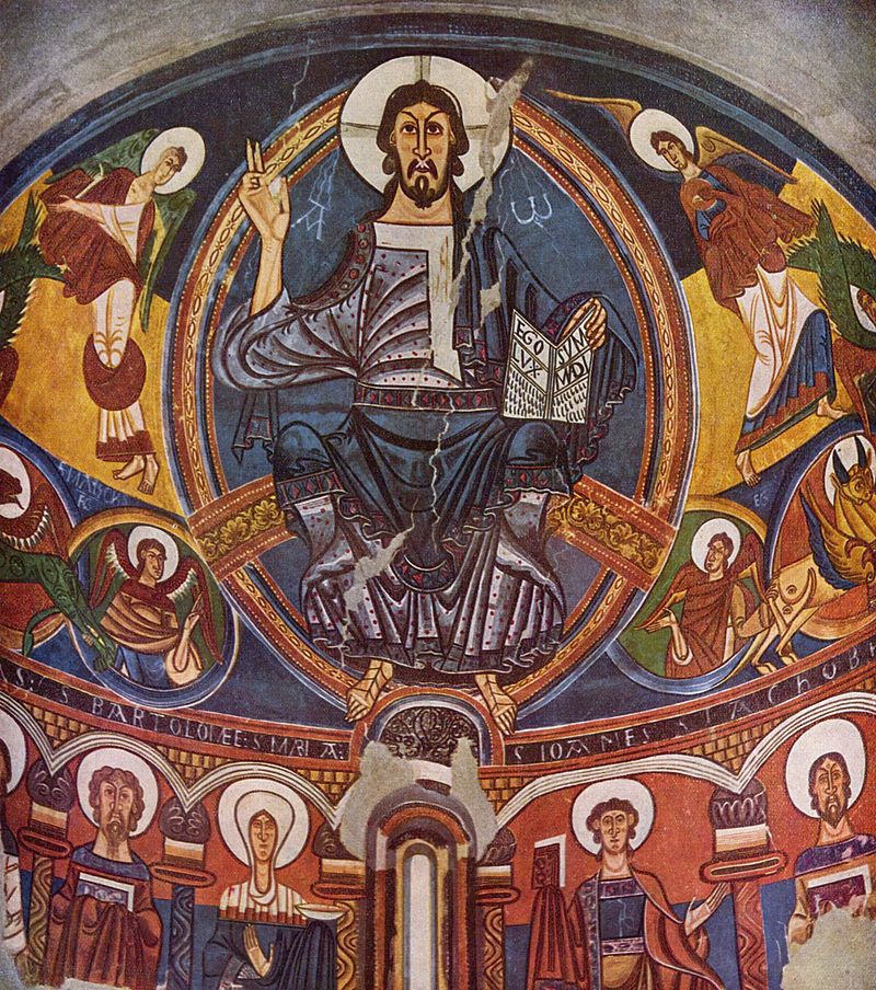 Cristo Pantocrátor con todos los atributos de escena (Tetramorfos, alfa y omenga, biblia...).