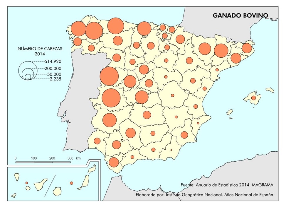 mapa con la distribución del ganado bovino en España a nivel provincial