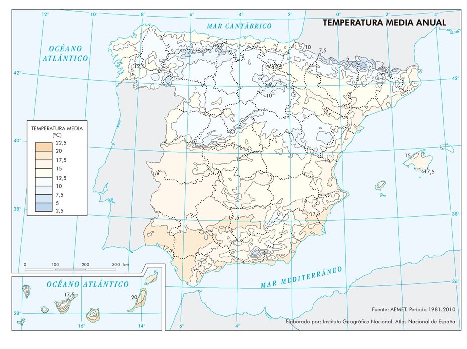 España mapa de temperatura media anual