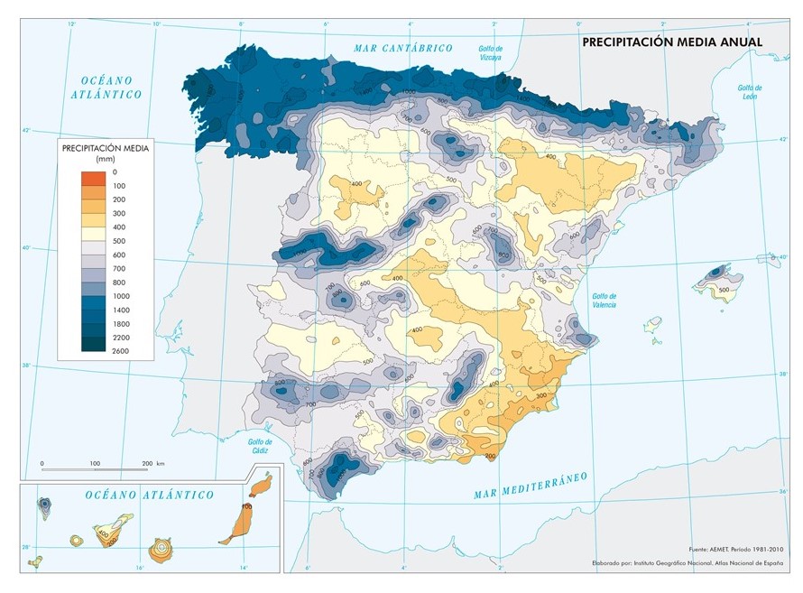 España, mapa de precipitación media anual
