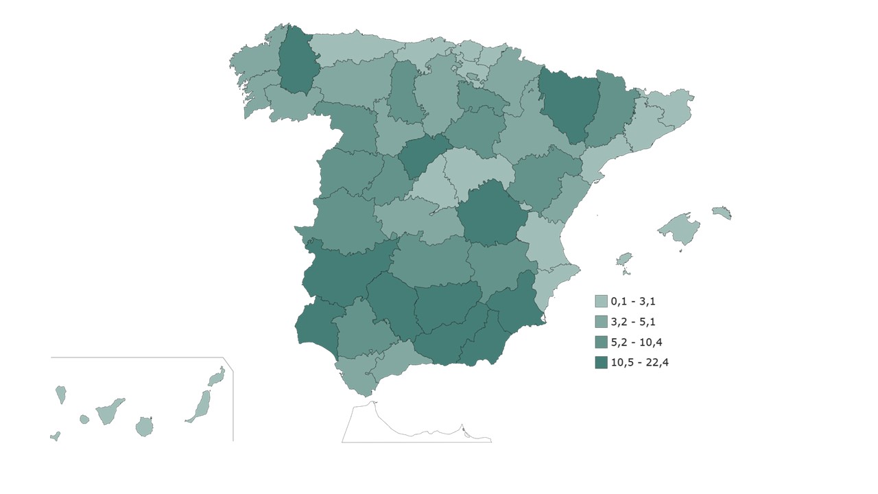 Población activa en el sector primario por provincia, en % sobre el total