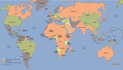 Mapamundi de los paises beligerantes de la Primera Guerra Mundial