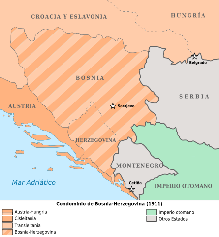 Mapa de los Balcanes en 1911 en el que se observa la división de la influencia de poder de turcos y austríacos