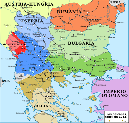 Mapa de los Balcanes en 1913 con la aparición de los países de la Liga Balcánica que le comen terrerno a Turquía