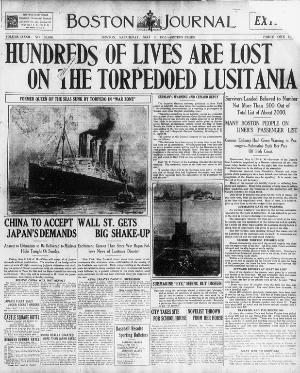 Portada del diario estadounidense Boston Journal tras el hundimiento del Lusitania.