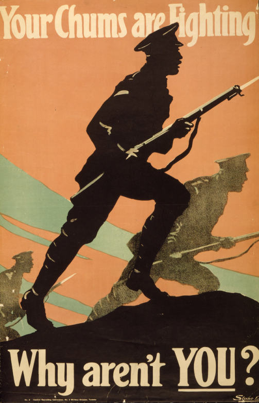 Propaganda Primera Guerra Mundial, en la que aparece un soldado y el texto "Why aren't you?"