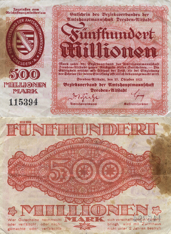 Billete de 500 millones de marcos alemanes, 1923