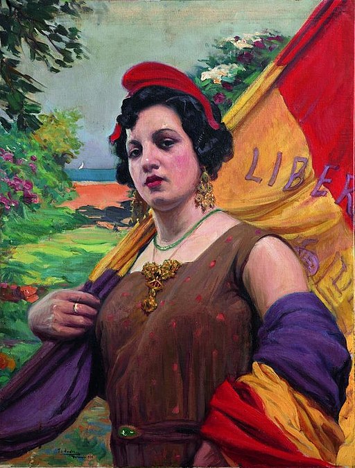 Alegoría de la II República Española, representa una mujer con gorro frigio y la bandera tricolor en un hombro (1931), obra de Teodoro Andreu