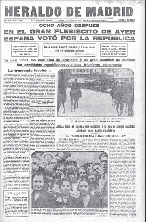 Portada del periódico Heraldo de Madrid, 13 de abril de 1931