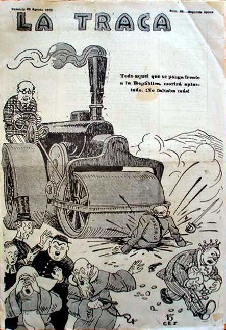 Azaña aplasta a los enemigos de la República. Portada de La Traca, 1932. Portada de La Traca, con Azaña conduciendo una apisonadora que aplasta a los enemigos de la República