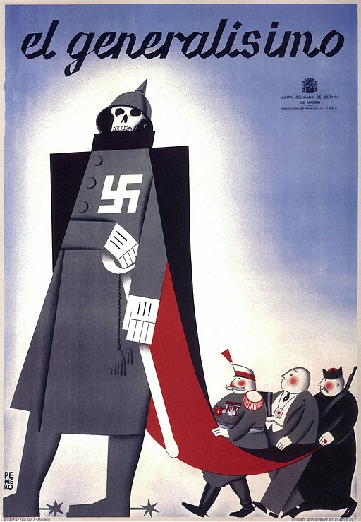 Cartel propagandístico del bando republicano, representando a un cadáver con la esvástica nazi, seguido de alegorías del Ejército, la alta clase propietaria y la Iglesia