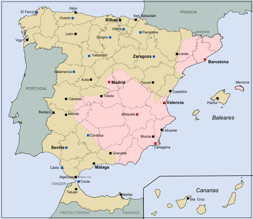 Mapa de España en julio de 1938, tras la ofensiva franquista de Aragón
