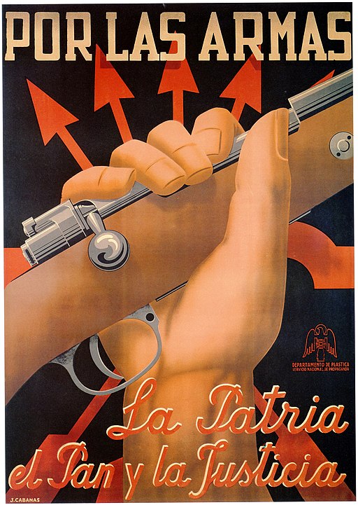 Cartel propagandístico de Falange, con su eslogan Por la Patria, el Pan y la Justicia