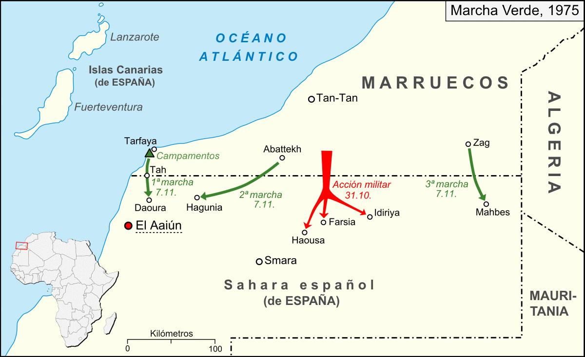 Gráfico explicativo de la Marcha Verde, con fechas e indicaciones de la dirección que tomaban los manifestantes. 