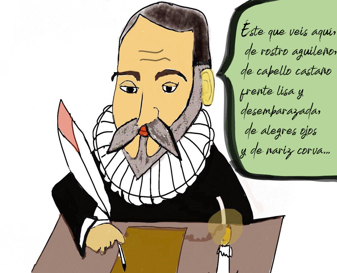 Miguel de Cervantes sentado en su escritorio con una pluma en la mano se describe así mismo.