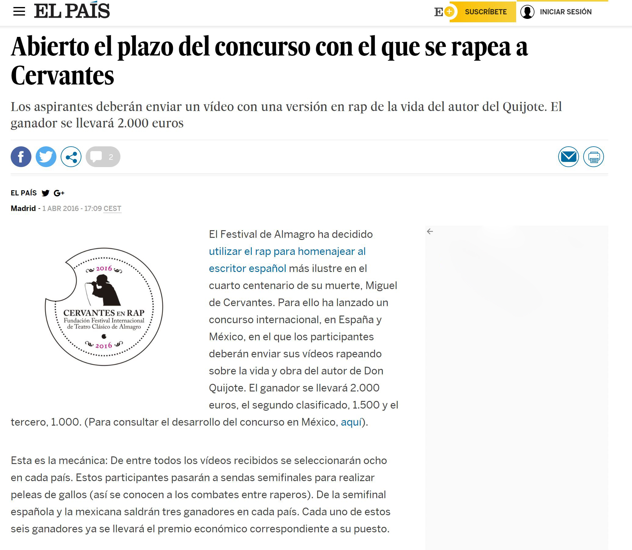 Captura de pantalla de una noticia aparecida en El País