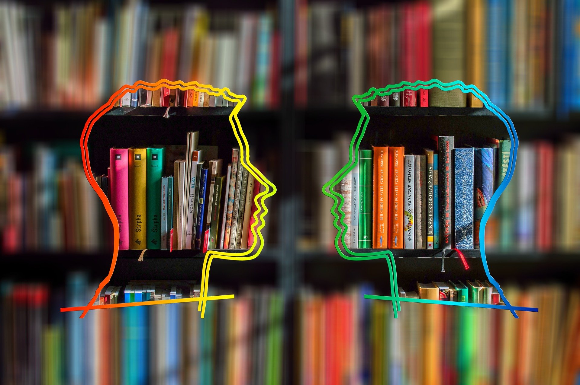 Una par de siluetas de cabezas y, de fondo, una librería