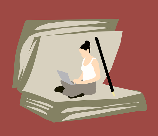 Ilustración en la que aparece una mujer dentro de un libro trabjaando en un ordenador