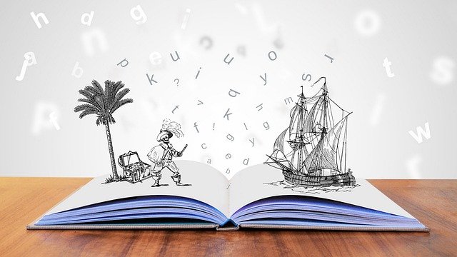 Ilustración en la que aparece un libro con un pirata y un barco y de la que salen diversas letras