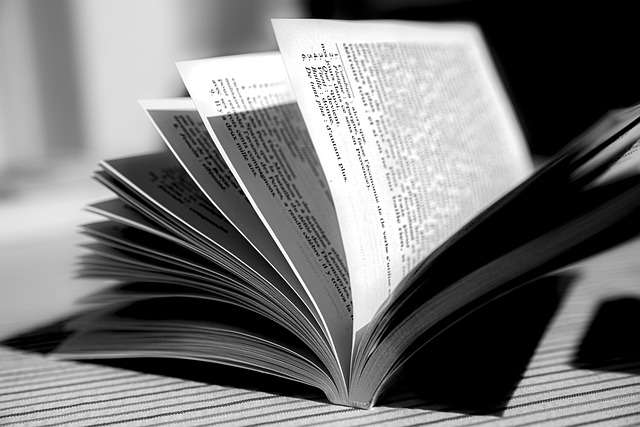 Fotografía en blanco y negro de un libro abierto